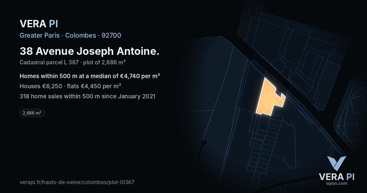 38 Avenue Joseph Antoine, Colombes at night – the plot lit, the parcels around coloured by the prices near them