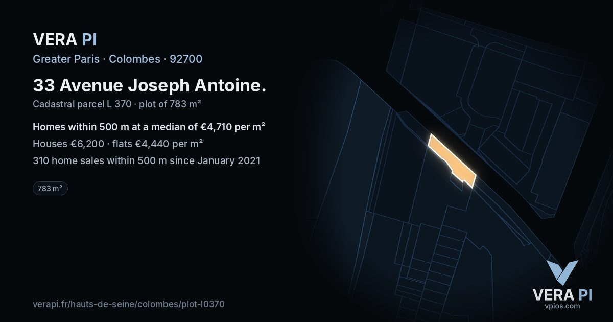 33 Avenue Joseph Antoine, Colombes at night – the plot lit, the parcels around coloured by the prices near them