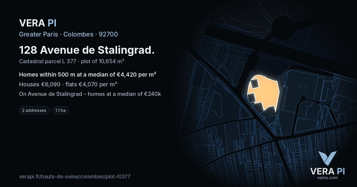 128 Avenue de Stalingrad, Colombes at night – the plot lit, the parcels around coloured by the prices near them