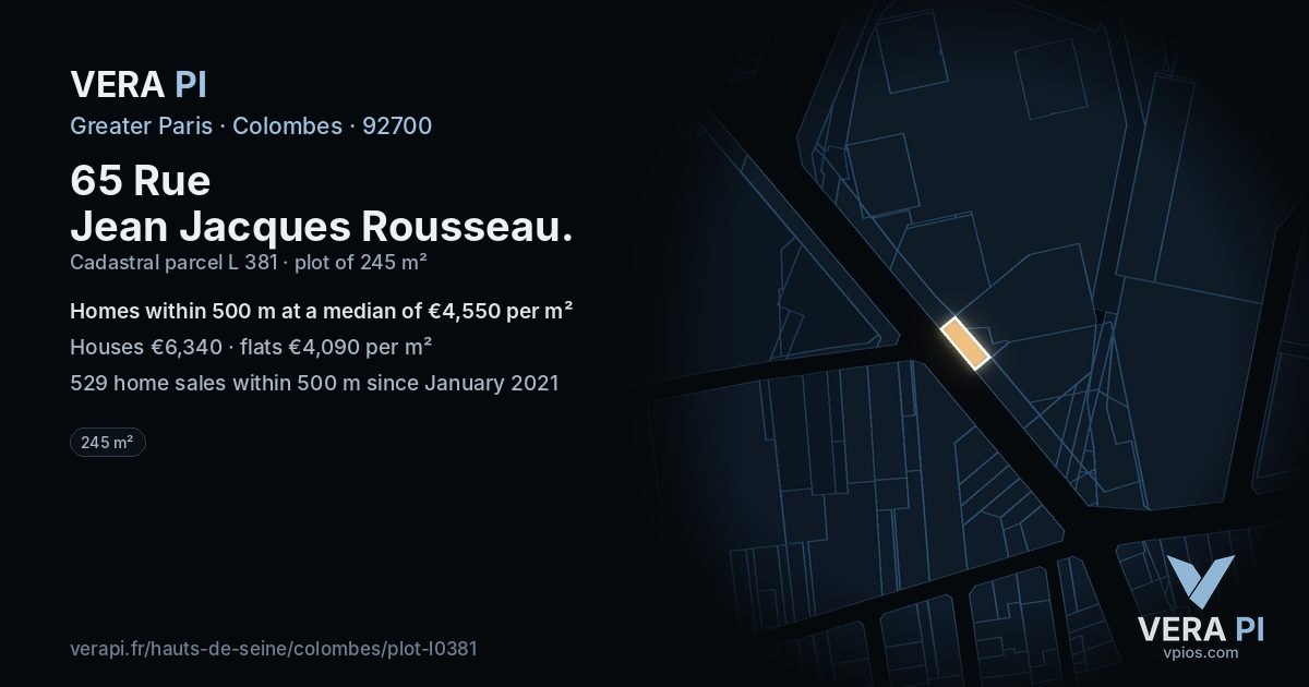 65 Rue Jean Jacques Rousseau, Colombes at night – the plot lit, the parcels around coloured by the prices near them