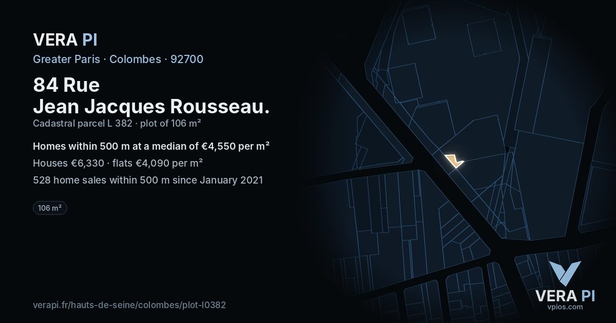 84 Rue Jean Jacques Rousseau, Colombes at night – the plot lit, the parcels around coloured by the prices near them