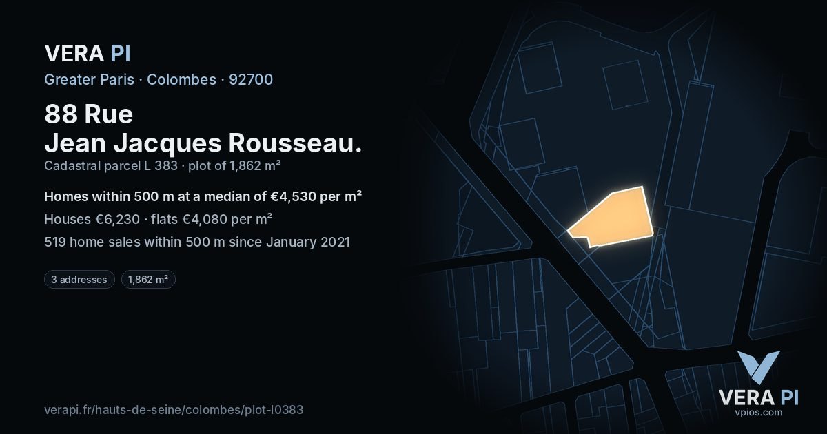 88 Rue Jean Jacques Rousseau, Colombes at night – the plot lit, the parcels around coloured by the prices near them