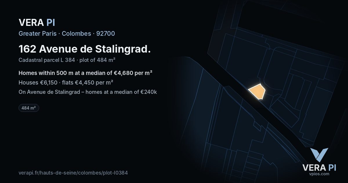 162 Avenue de Stalingrad, Colombes at night – the plot lit, the parcels around coloured by the prices near them
