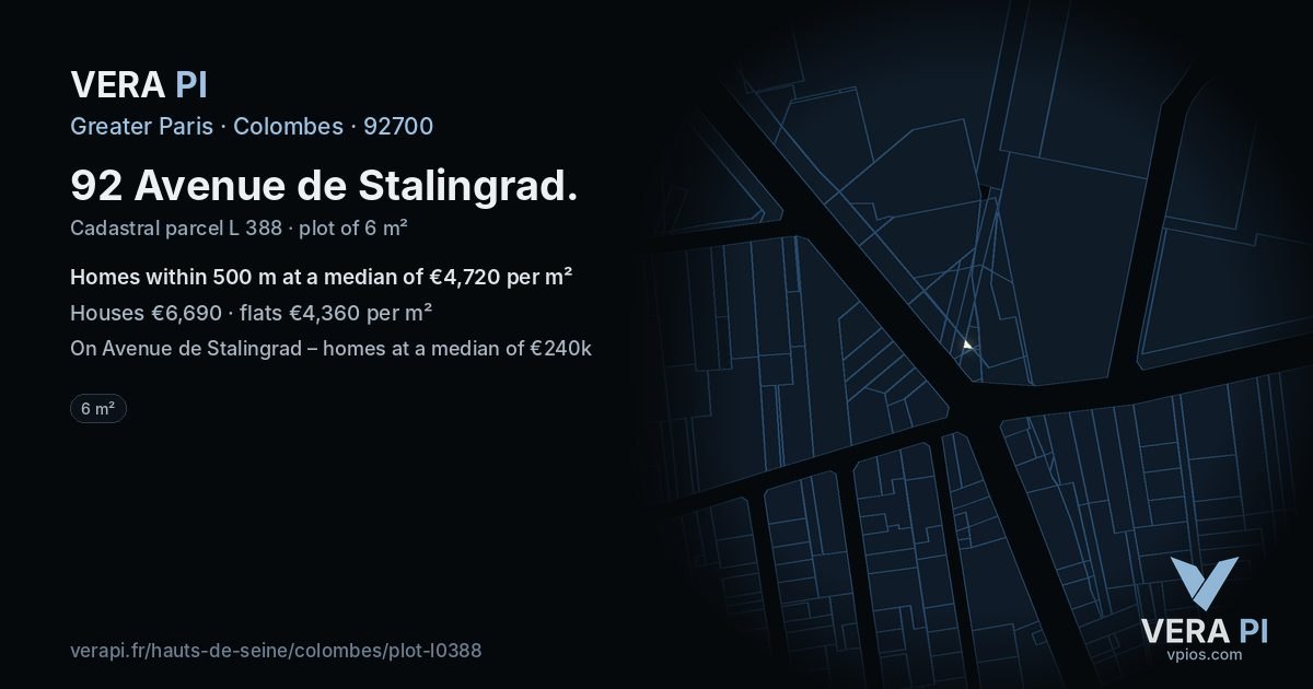 92 Avenue de Stalingrad, Colombes at night – the plot lit, the parcels around coloured by the prices near them