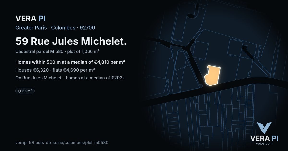 59 Rue Jules Michelet, Colombes at night – the plot lit, the parcels around coloured by the prices near them