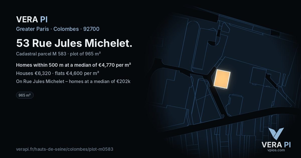 53 Rue Jules Michelet, Colombes at night – the plot lit, the parcels around coloured by the prices near them