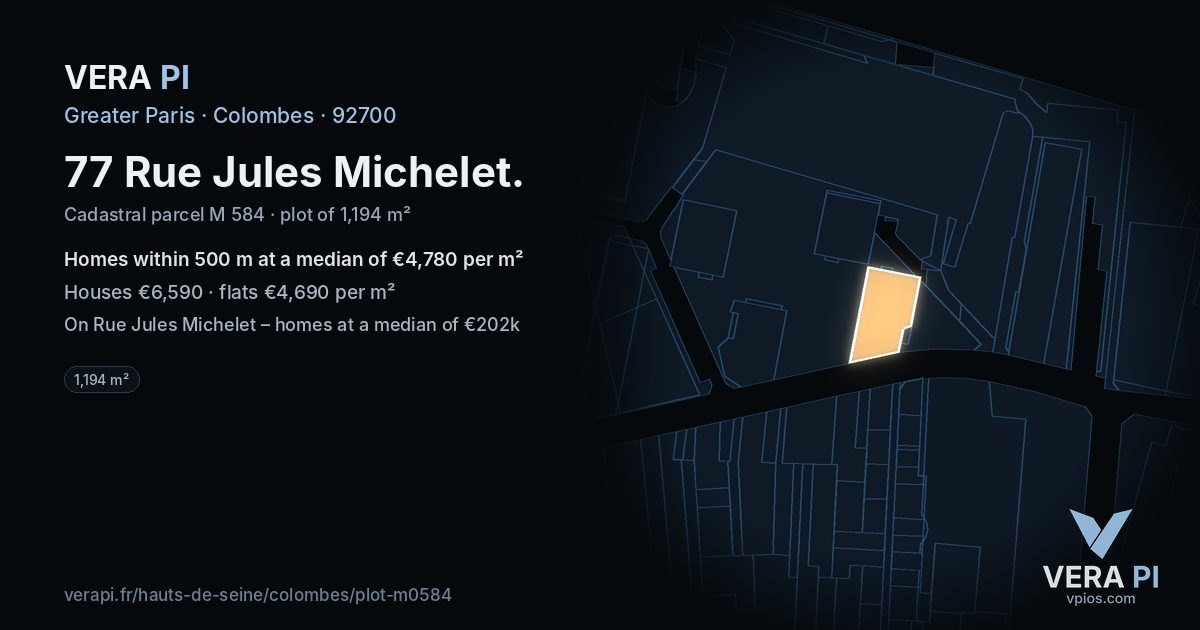 77 Rue Jules Michelet, Colombes at night – the plot lit, the parcels around coloured by the prices near them