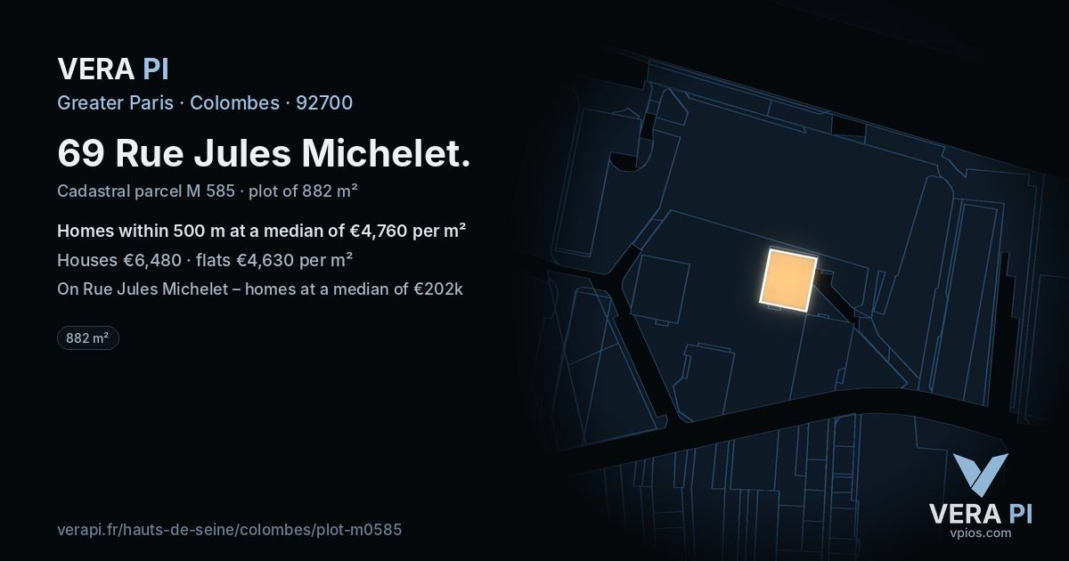 69 Rue Jules Michelet, Colombes at night – the plot lit, the parcels around coloured by the prices near them