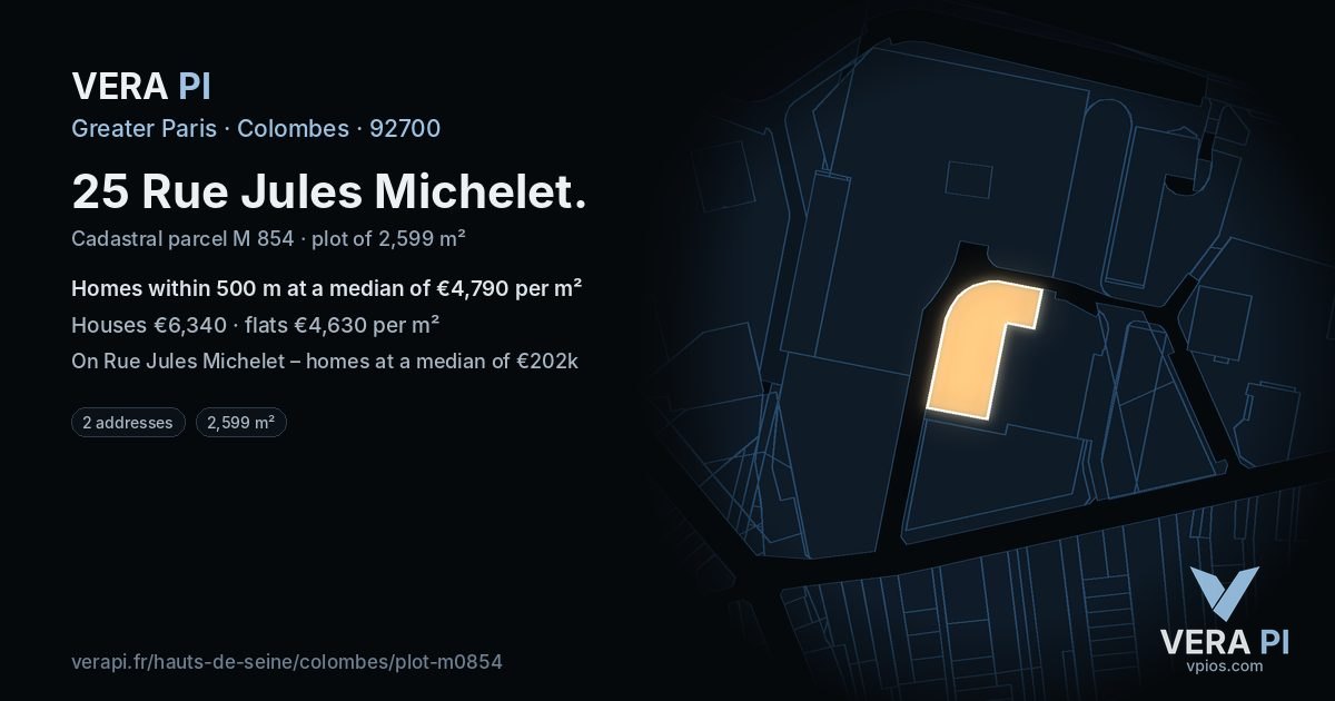 25 Rue Jules Michelet, Colombes at night – the plot lit, the parcels around coloured by the prices near them