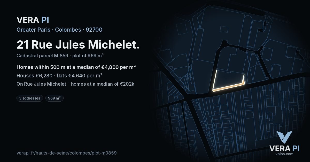 21 Rue Jules Michelet, Colombes at night – the plot lit, the parcels around coloured by the prices near them