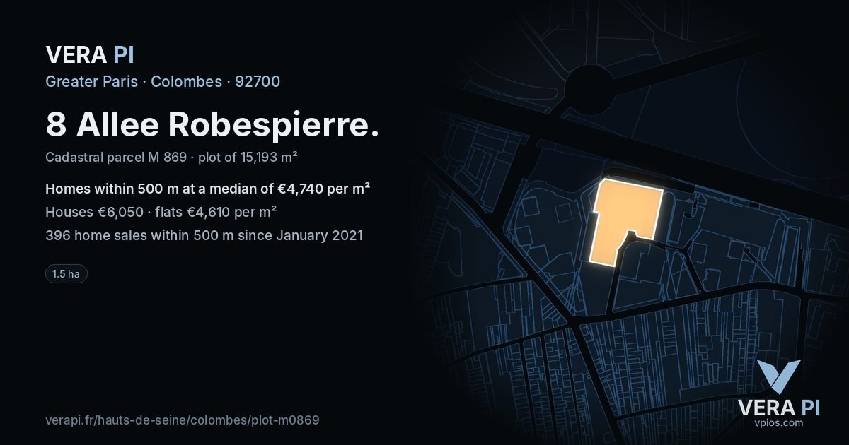 8 Allee Robespierre, Colombes at night – the plot lit, the parcels around coloured by the prices near them