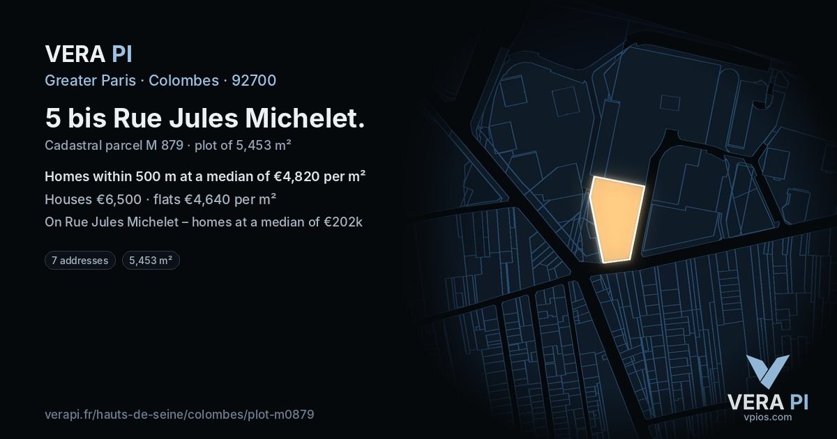 5 bis Rue Jules Michelet, Colombes at night – the plot lit, the parcels around coloured by the prices near them