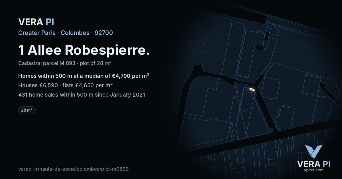 1 Allee Robespierre, Colombes at night – the plot lit, the parcels around coloured by the prices near them