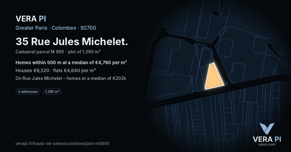 35 Rue Jules Michelet, Colombes at night – the plot lit, the parcels around coloured by the prices near them