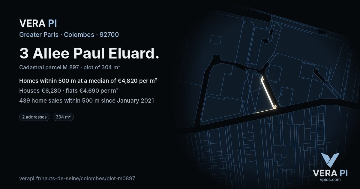 3 Allee Paul Eluard, Colombes at night – the plot lit, the parcels around coloured by the prices near them