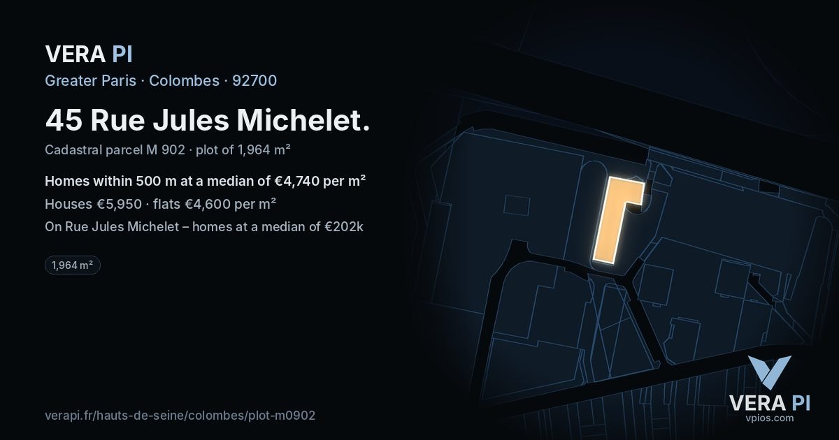 45 Rue Jules Michelet, Colombes at night – the plot lit, the parcels around coloured by the prices near them