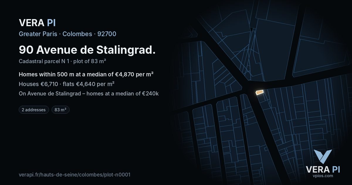 90 Avenue de Stalingrad, Colombes at night – the plot lit, the parcels around coloured by the prices near them