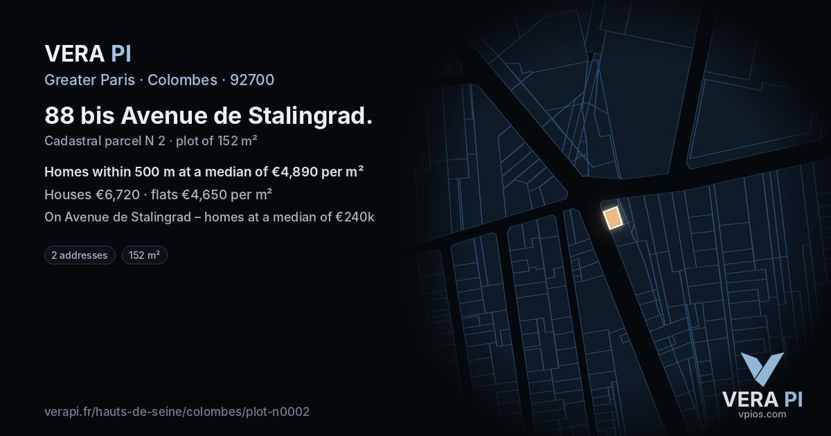 88 bis Avenue de Stalingrad, Colombes at night – the plot lit, the parcels around coloured by the prices near them