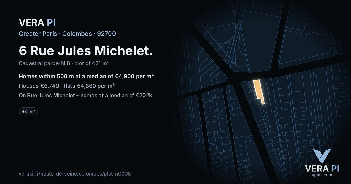 6 Rue Jules Michelet, Colombes at night – the plot lit, the parcels around coloured by the prices near them