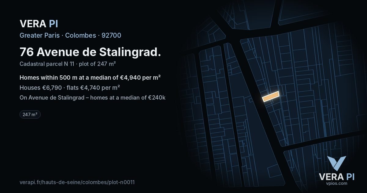76 Avenue de Stalingrad, Colombes at night – the plot lit, the parcels around coloured by the prices near them