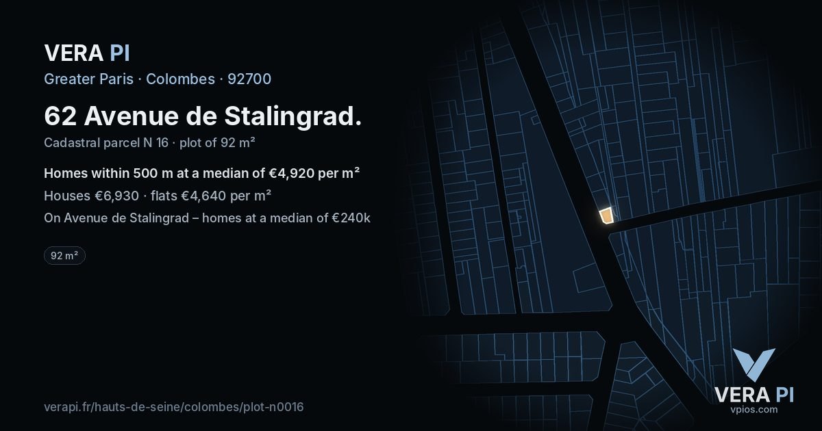 62 Avenue de Stalingrad, Colombes at night – the plot lit, the parcels around coloured by the prices near them