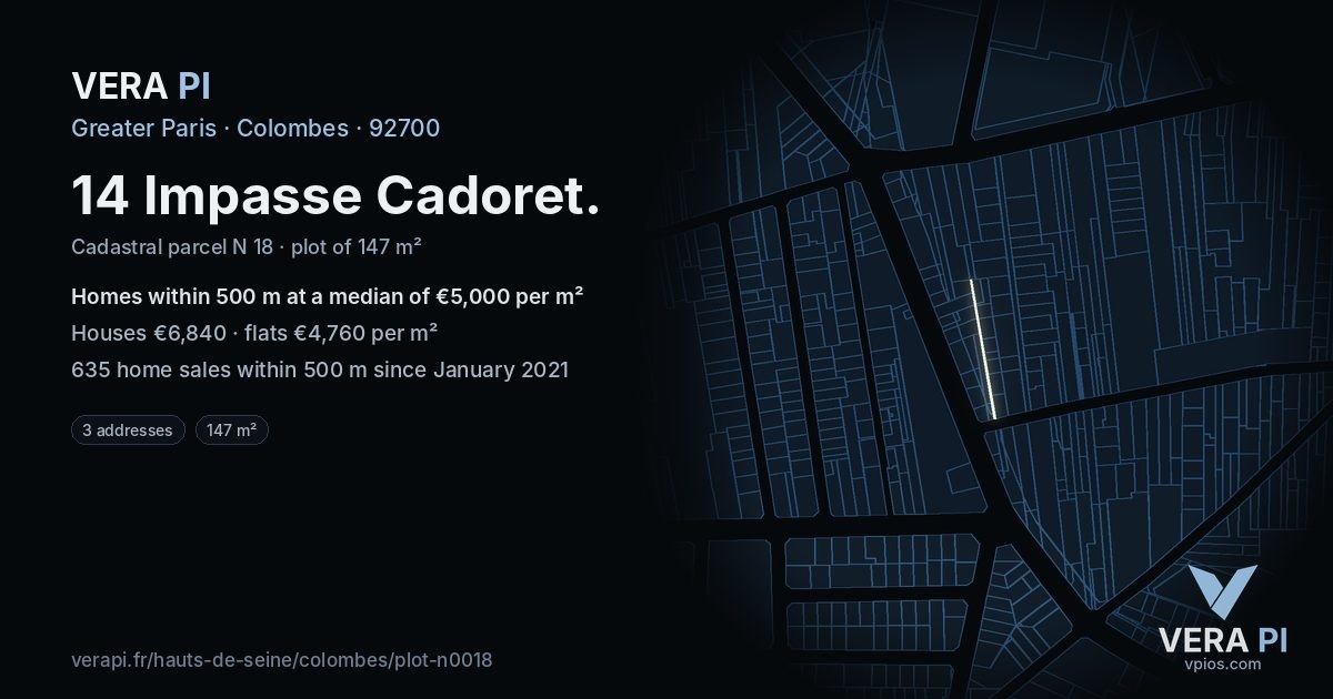 14 Impasse Cadoret, Colombes at night – the plot lit, the parcels around coloured by the prices near them