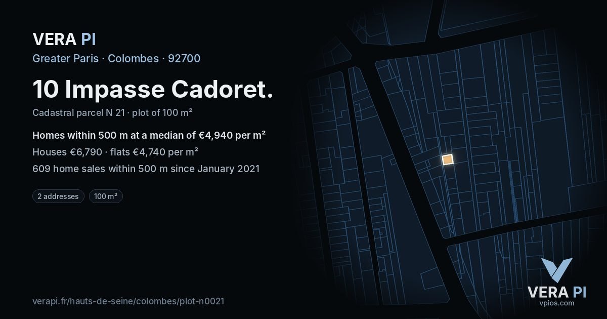 10 Impasse Cadoret, Colombes at night – the plot lit, the parcels around coloured by the prices near them