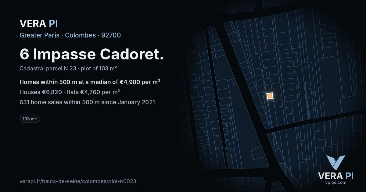 6 Impasse Cadoret, Colombes at night – the plot lit, the parcels around coloured by the prices near them