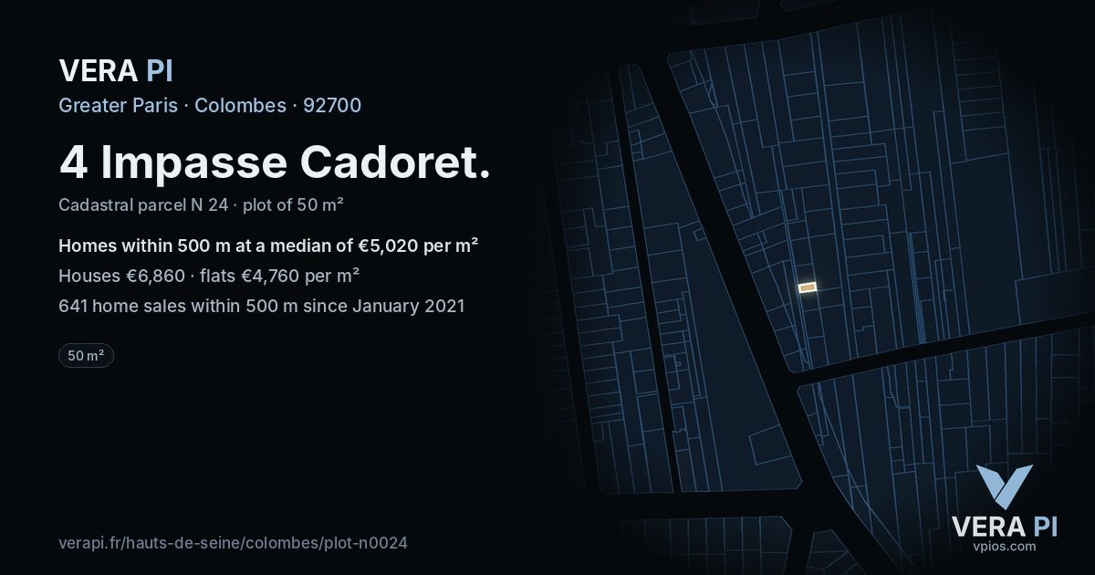 4 Impasse Cadoret, Colombes at night – the plot lit, the parcels around coloured by the prices near them