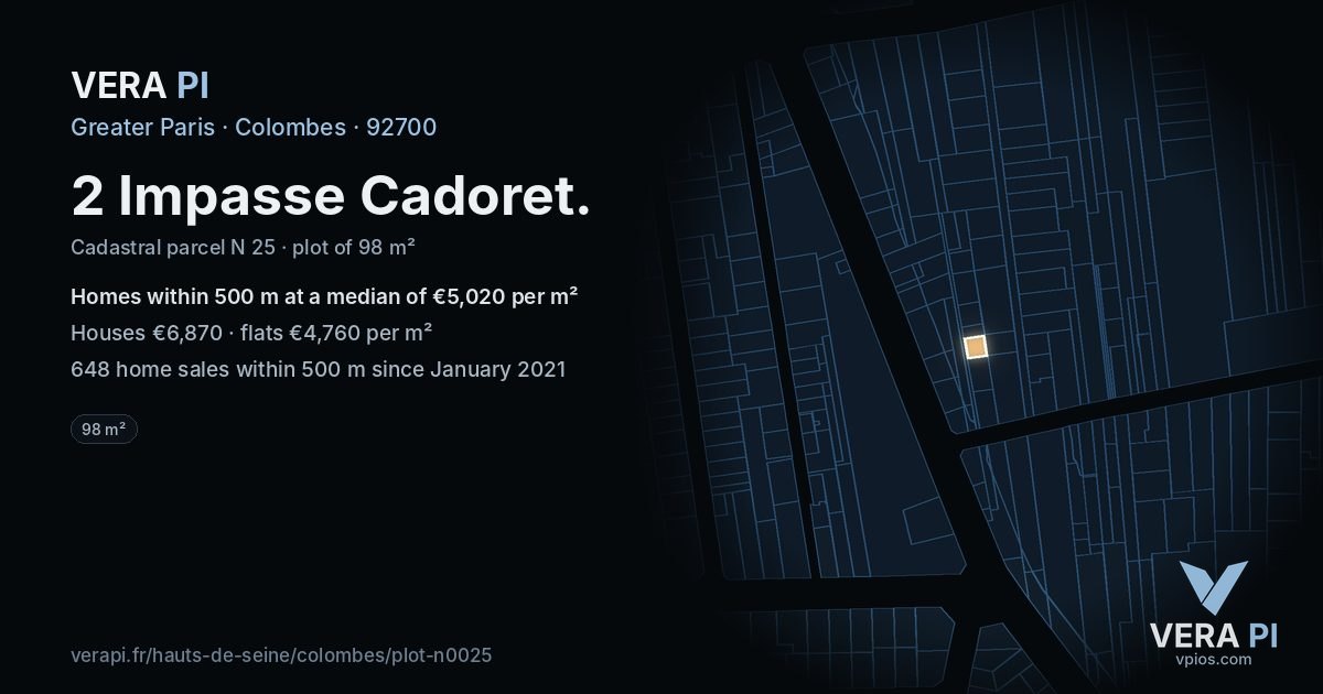 2 Impasse Cadoret, Colombes at night – the plot lit, the parcels around coloured by the prices near them