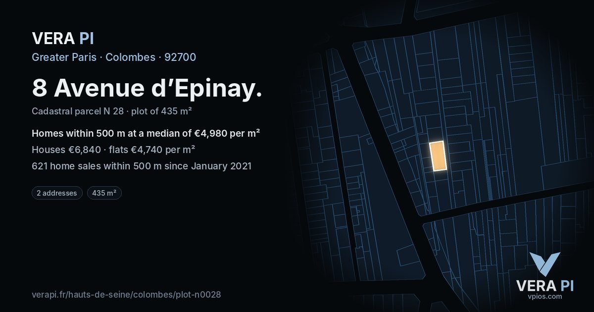 8 Avenue d’Epinay, Colombes at night – the plot lit, the parcels around coloured by the prices near them