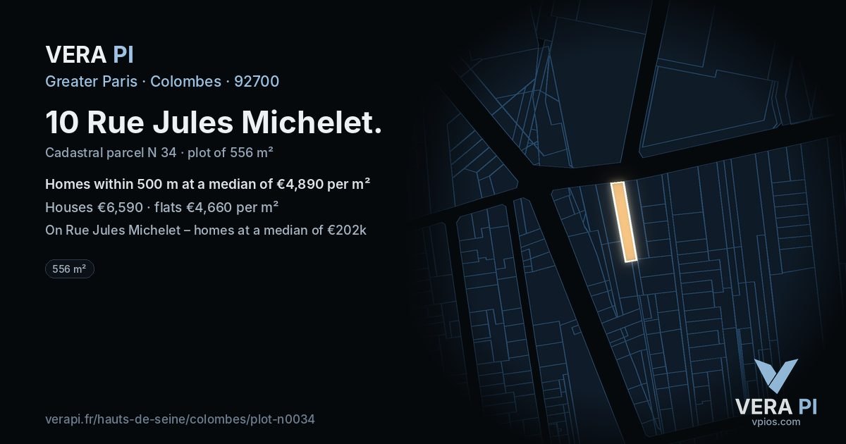 10 Rue Jules Michelet, Colombes at night – the plot lit, the parcels around coloured by the prices near them