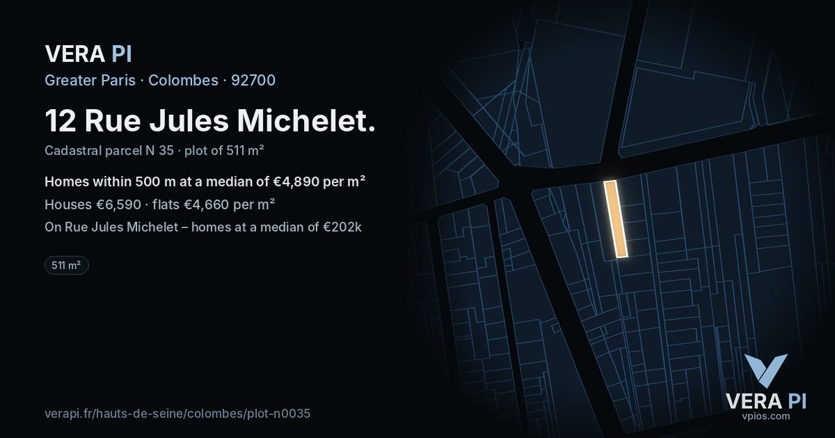 12 Rue Jules Michelet, Colombes at night – the plot lit, the parcels around coloured by the prices near them