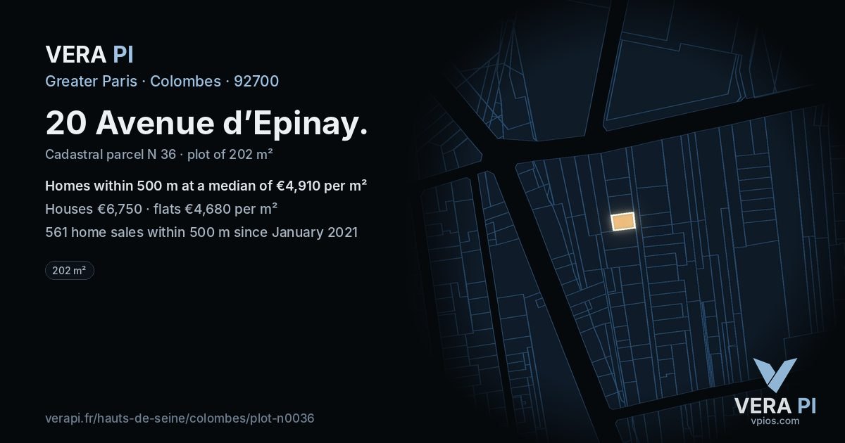 20 Avenue d’Epinay, Colombes at night – the plot lit, the parcels around coloured by the prices near them