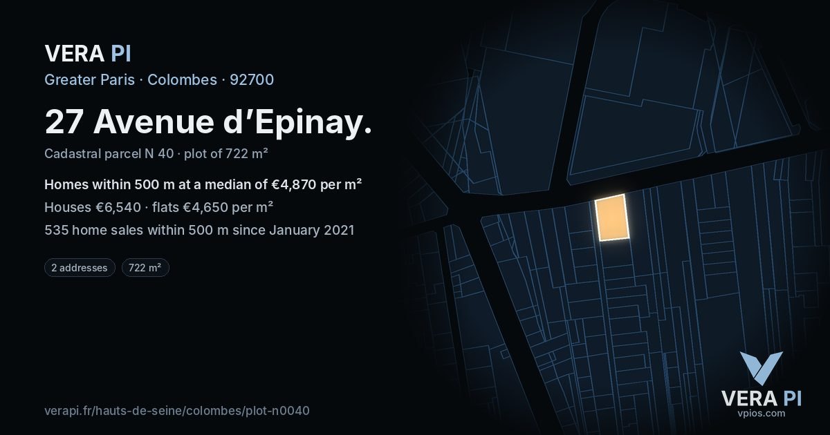 27 Avenue d’Epinay, Colombes at night – the plot lit, the parcels around coloured by the prices near them