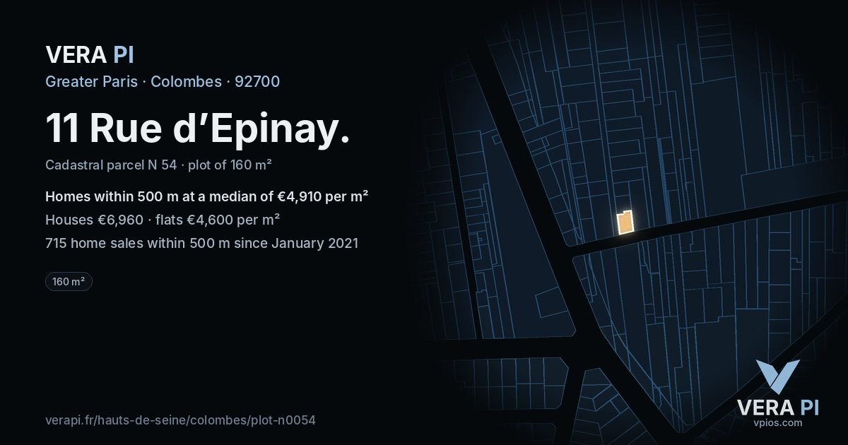 11 Rue d’Epinay, Colombes at night – the plot lit, the parcels around coloured by the prices near them