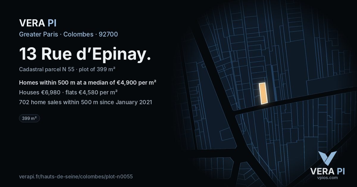 13 Rue d’Epinay, Colombes at night – the plot lit, the parcels around coloured by the prices near them
