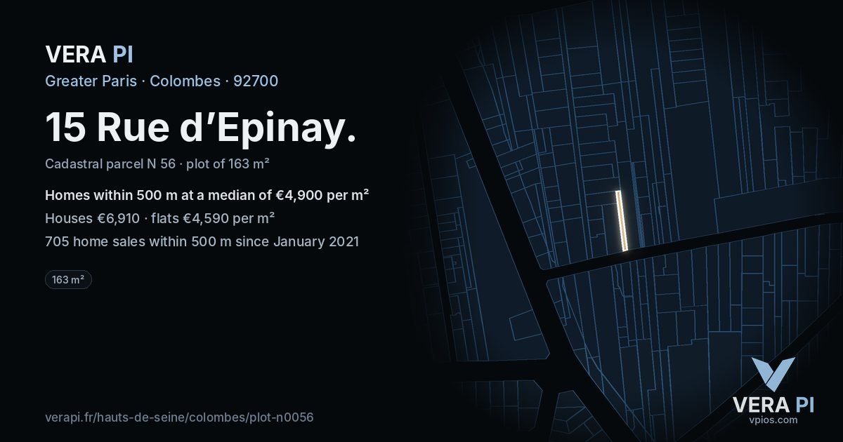 15 Rue d’Epinay, Colombes at night – the plot lit, the parcels around coloured by the prices near them