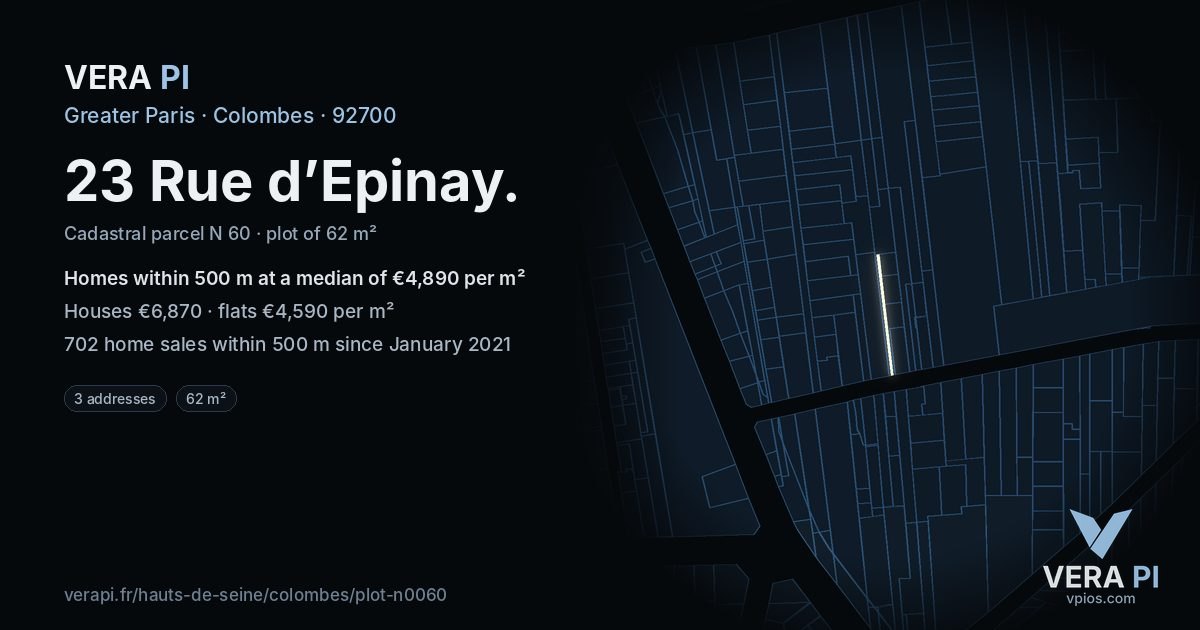 23 Rue d’Epinay, Colombes at night – the plot lit, the parcels around coloured by the prices near them