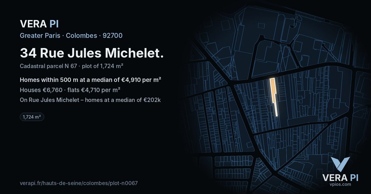 34 Rue Jules Michelet, Colombes at night – the plot lit, the parcels around coloured by the prices near them