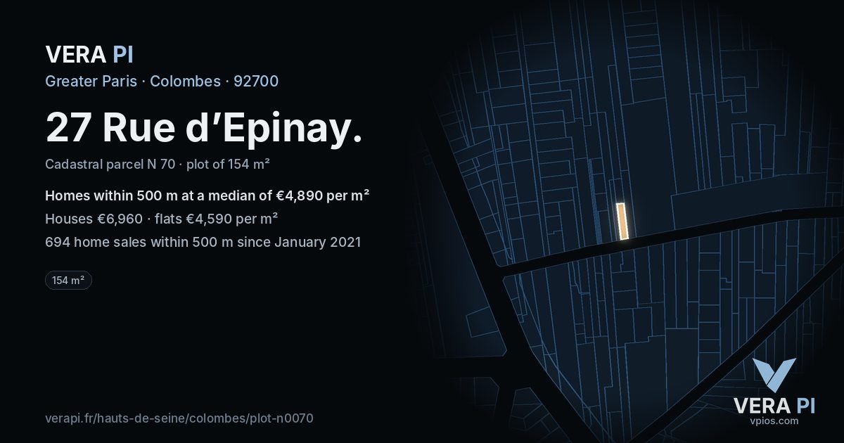 27 Rue d’Epinay, Colombes at night – the plot lit, the parcels around coloured by the prices near them