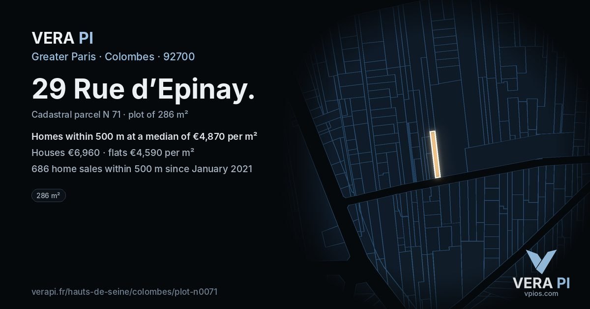29 Rue d’Epinay, Colombes at night – the plot lit, the parcels around coloured by the prices near them