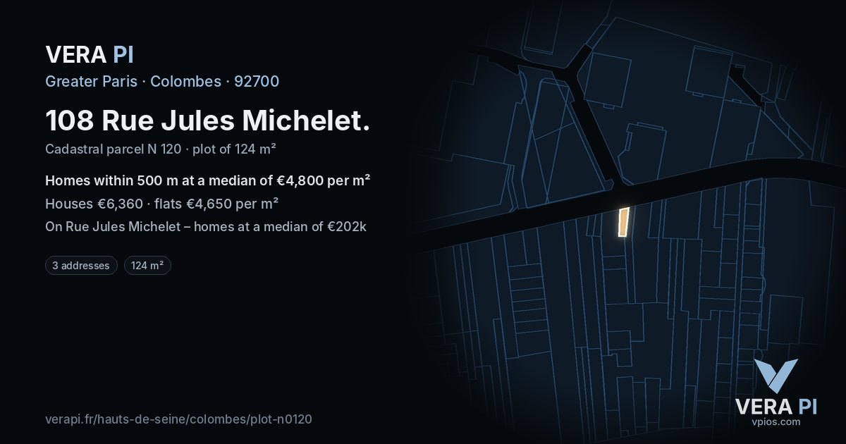 108 Rue Jules Michelet, Colombes at night – the plot lit, the parcels around coloured by the prices near them