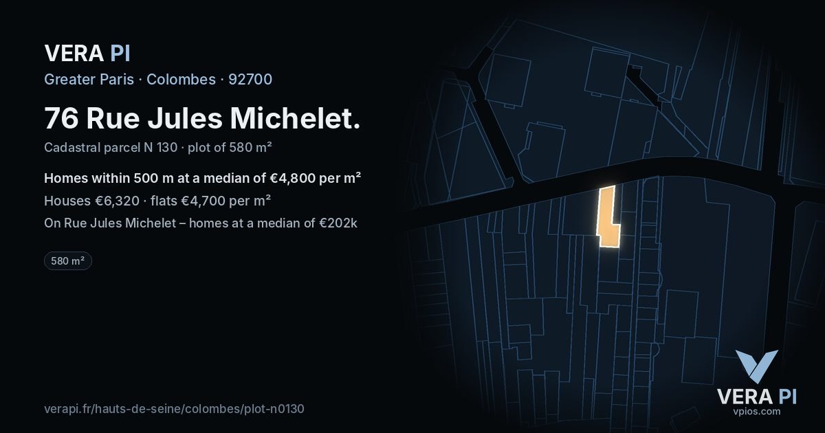 76 Rue Jules Michelet, Colombes at night – the plot lit, the parcels around coloured by the prices near them