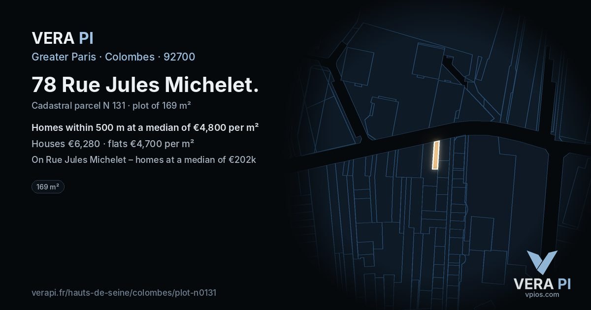 78 Rue Jules Michelet, Colombes at night – the plot lit, the parcels around coloured by the prices near them