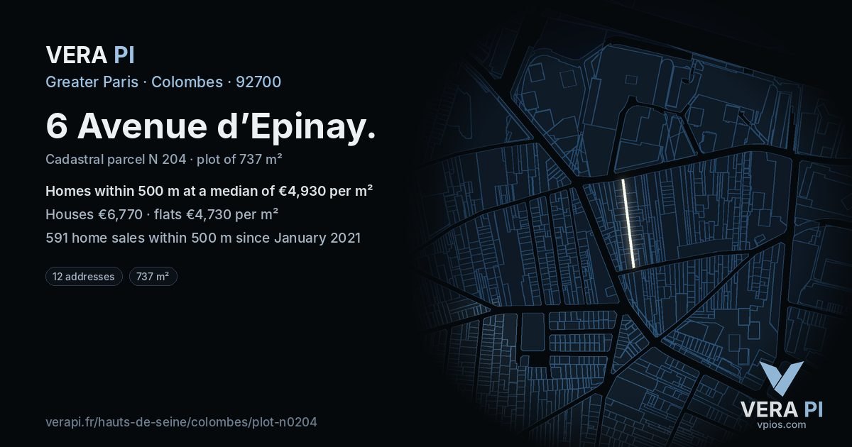 6 Avenue d’Epinay, Colombes at night – the plot lit, the parcels around coloured by the prices near them