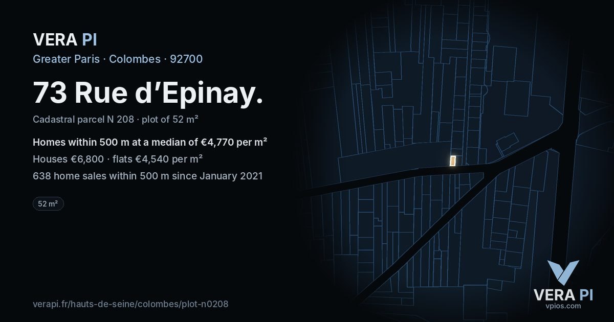 73 Rue d’Epinay, Colombes at night – the plot lit, the parcels around coloured by the prices near them