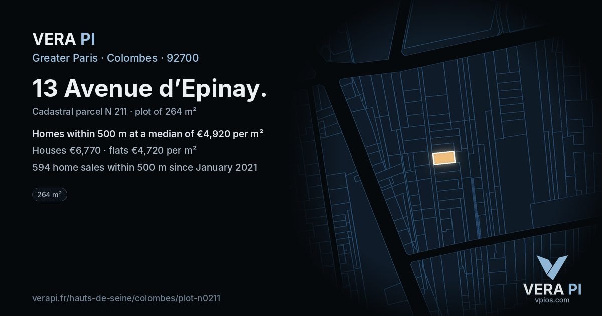 13 Avenue d’Epinay, Colombes at night – the plot lit, the parcels around coloured by the prices near them