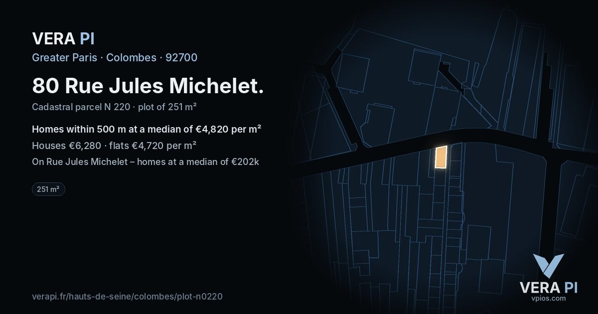 80 Rue Jules Michelet, Colombes at night – the plot lit, the parcels around coloured by the prices near them