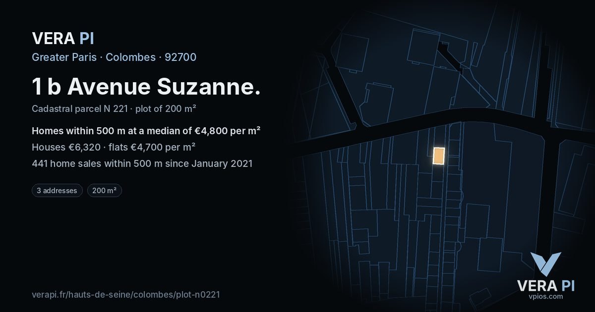 1 b Avenue Suzanne, Colombes at night – the plot lit, the parcels around coloured by the prices near them